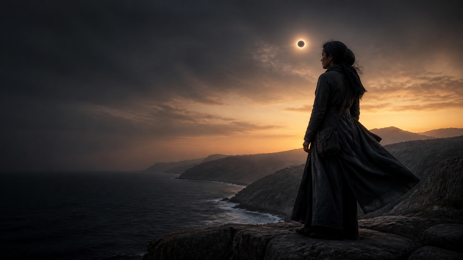 A lone explorer overlooking a dramatic Omani coastline at sunset